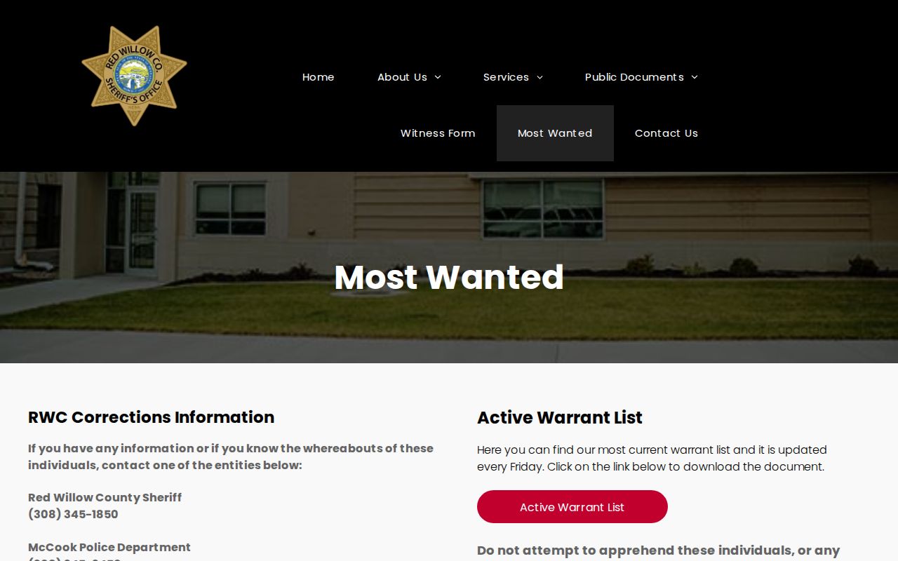Red Willow County active warrants and official Sheriff list page